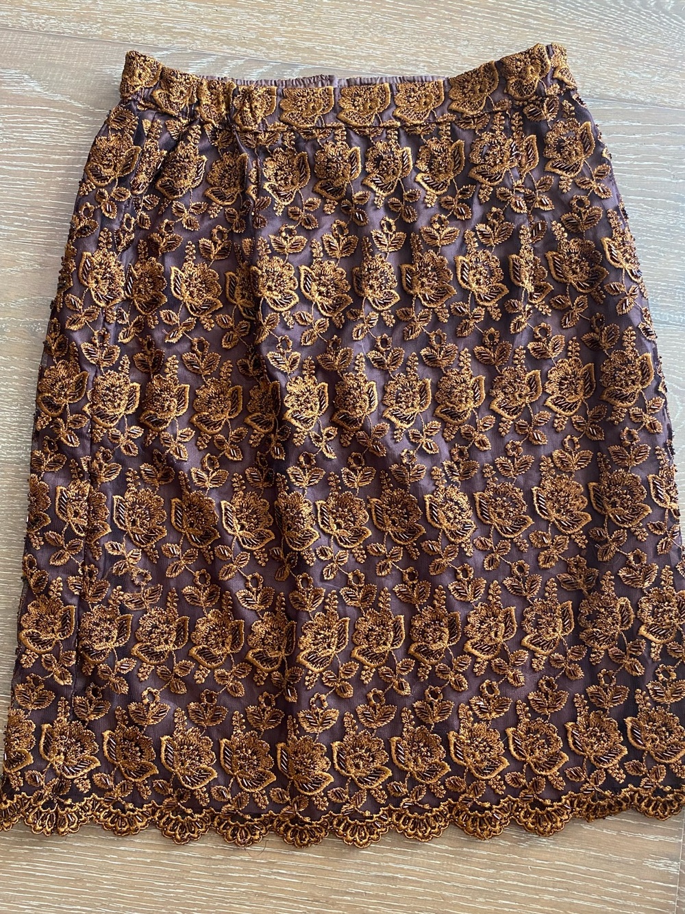 Vintage 90s Cache Boho Beaded Embroidered Floral Brown Autumn Tan Midi Skirt L